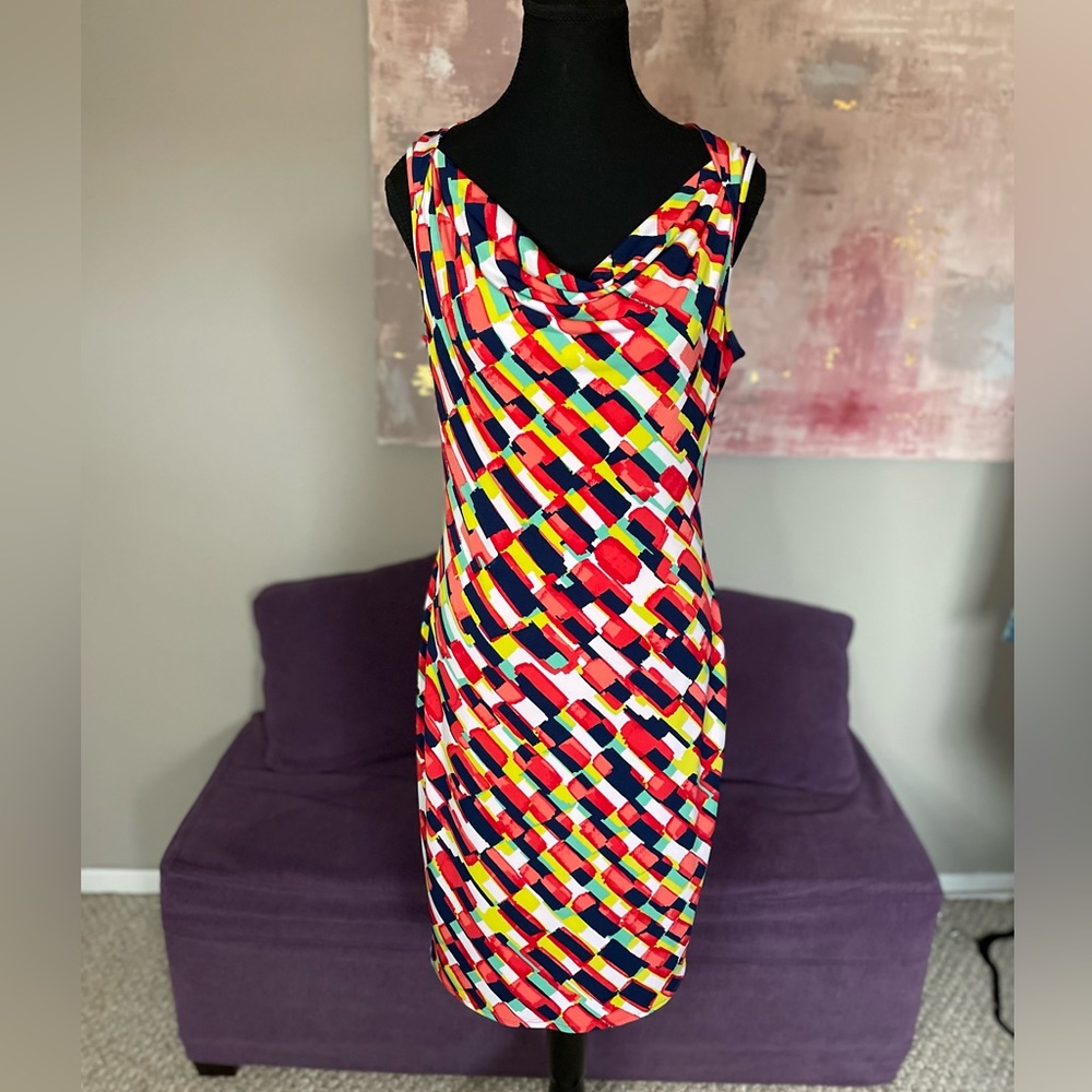 Evan-Picone Dress Mid-length sleeveless Orange, Blue, White, Yellow, Green S4‎